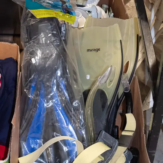 box; dive masks, snorkels, flippers