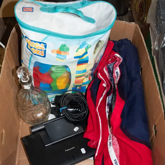 box; portable DVD player, decanter, Mega blocks etc