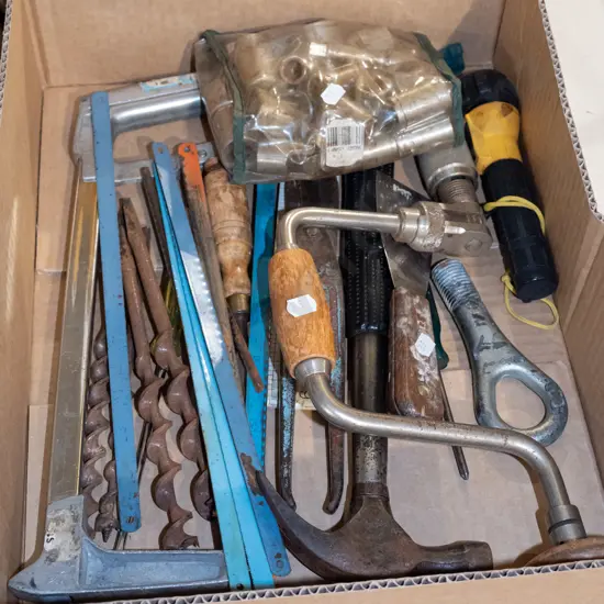 box; auger brace & bits, tin snips etc