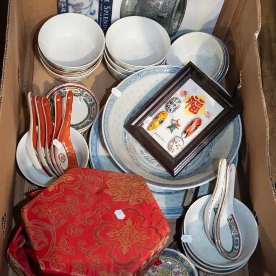 box; Asian bowls, spoons etc