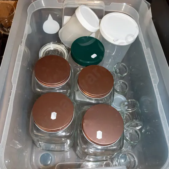 tub of storage containers and jars