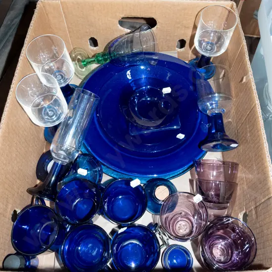 box; blue glass bowls, cups, wine glasses etc