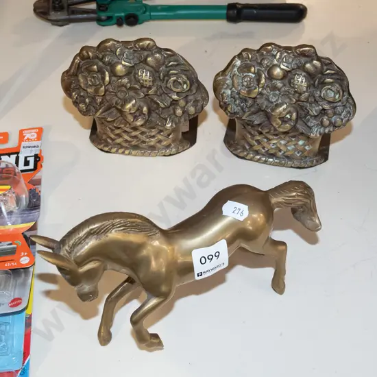 brass horse figurine, 2x floral bookends