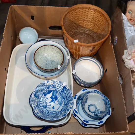  box; baking dish, cane basket, bowls etc 