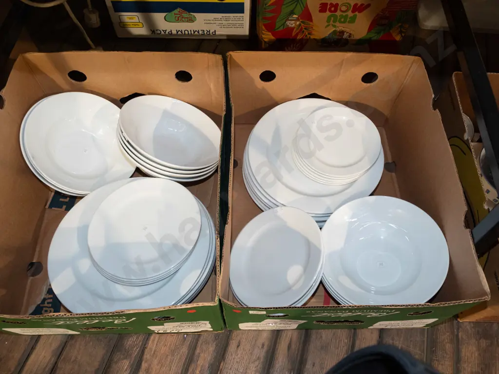 2x boxes of white dinner plates and bowls - red dots Image 1++