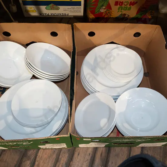 2x boxes of white dinner plates and bowls - red dots