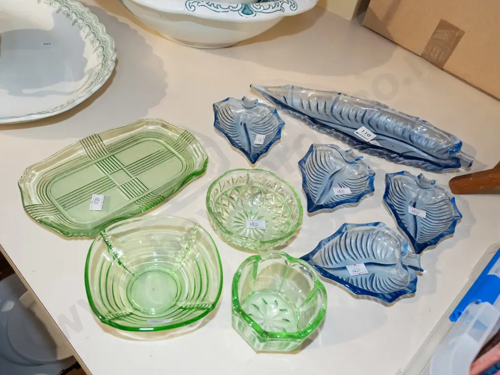 green depression glass bowls, blue glass leaf dishes Image 1++