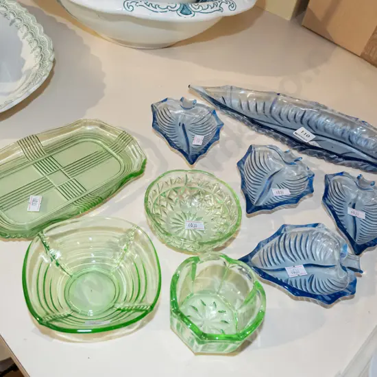 green depression glass bowls, blue glass leaf dishes