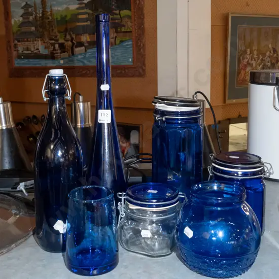 blue glass stoarge jars and bottles Tallest H420