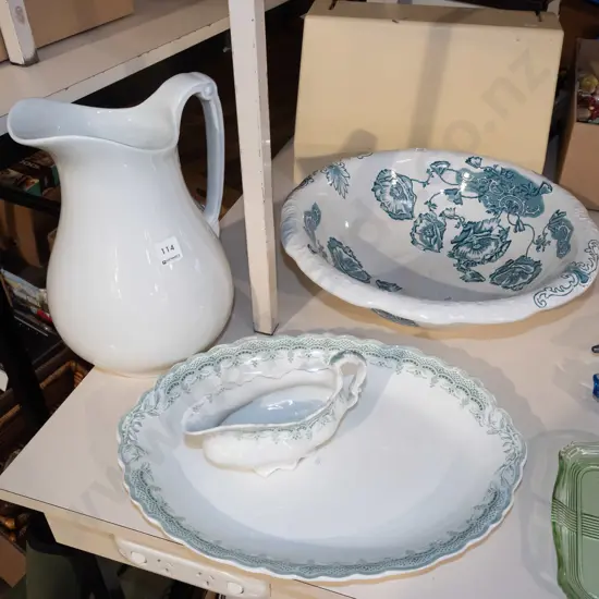 wash jug, wash bowl, Johnson Bros gravy boat and ashet