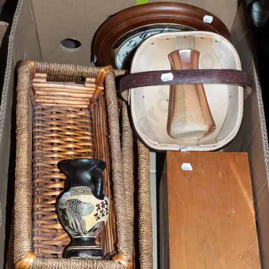 box; cane baskets, Greek urn, wall clock etc