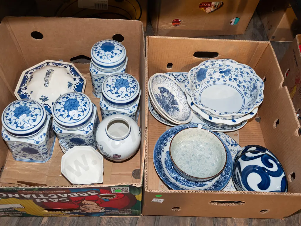 2x boxes of blue and white china - green dots Image 1++