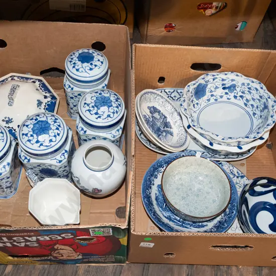 2x boxes of blue and white china - green dots
