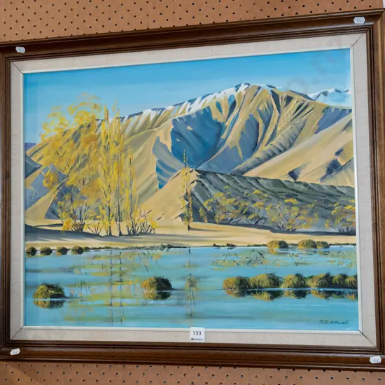 framed oil - lake and mountain scene