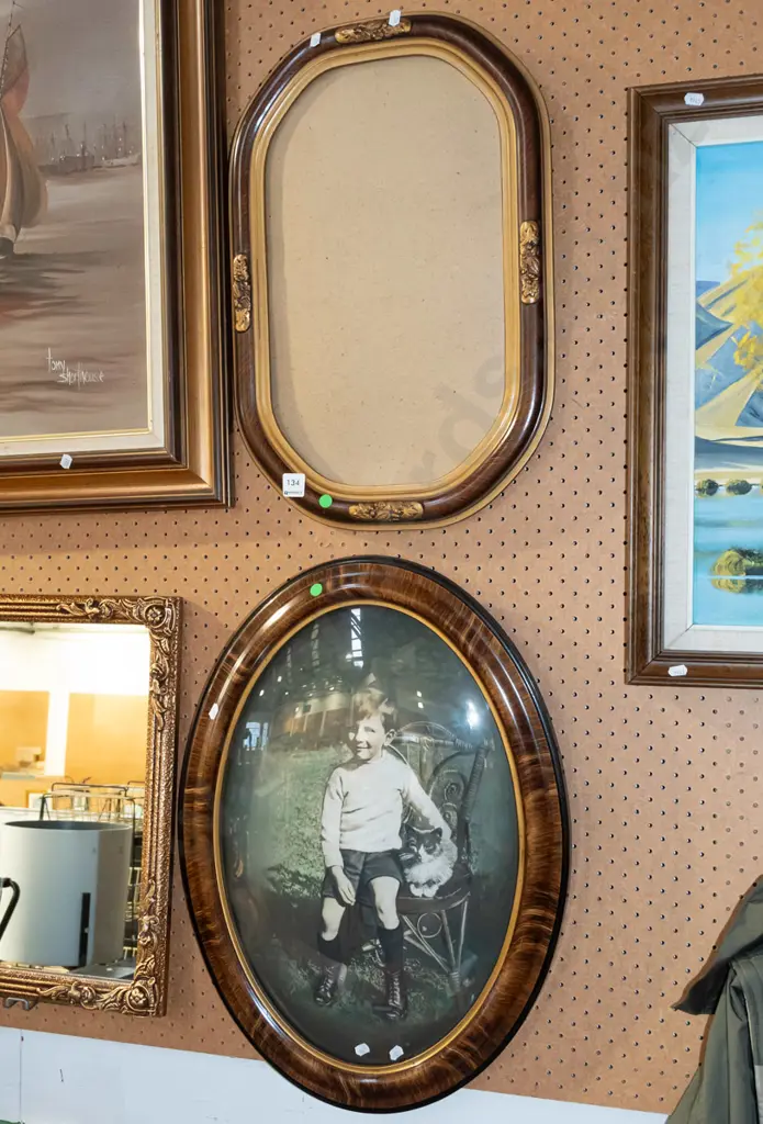 oval convex glass photo portrait - boy and cat, 1 other frame missing glass - green dots Image 1++
