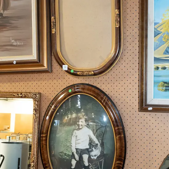 oval convex glass photo portrait - boy and cat, 1 other frame missing glass - green dots