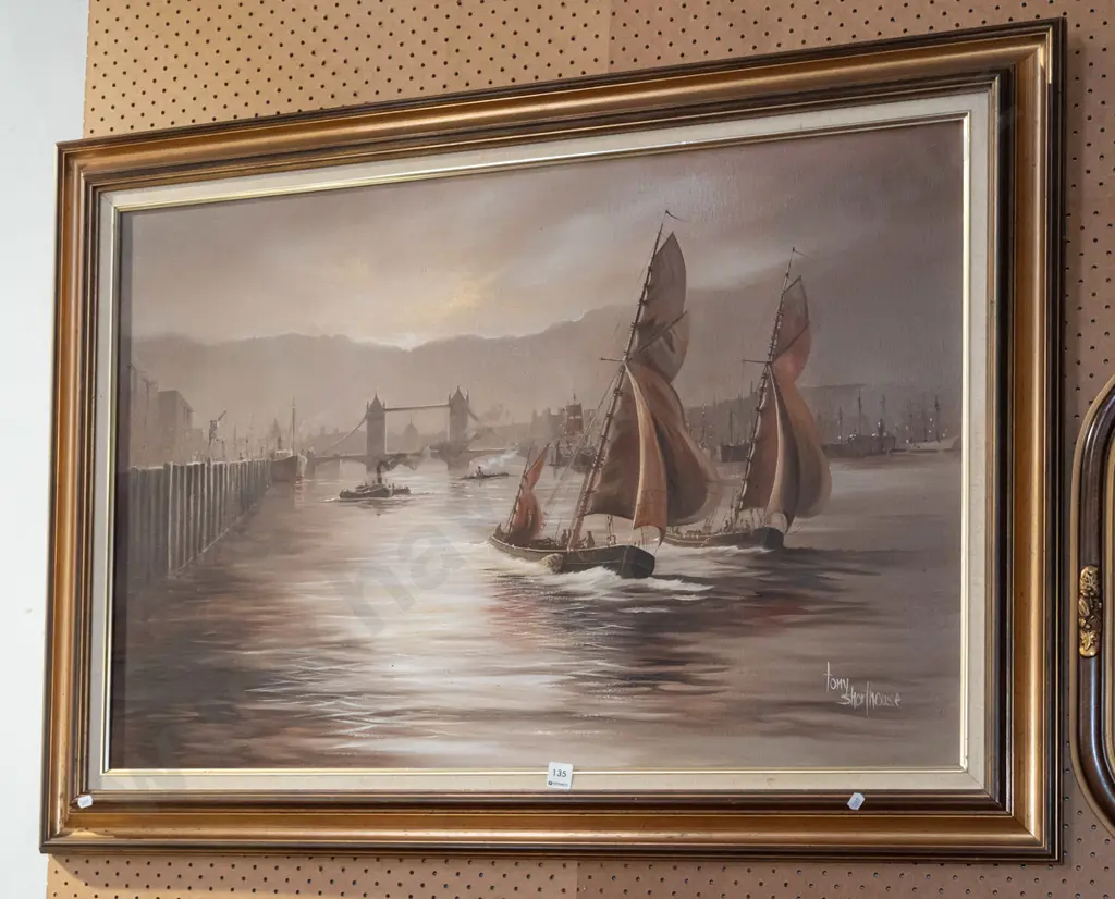 Tony Shorthouse - framed oil on canvas -  boats in river Thames H800 W1080 Image 1++