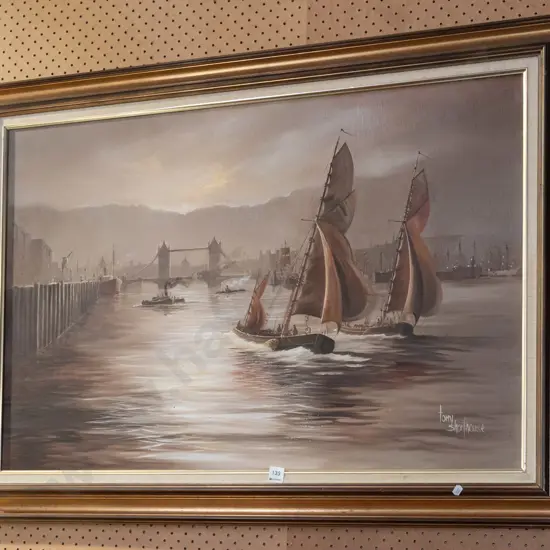 Tony Shorthouse - framed oil on canvas -  boats in river Thames H800 W1080