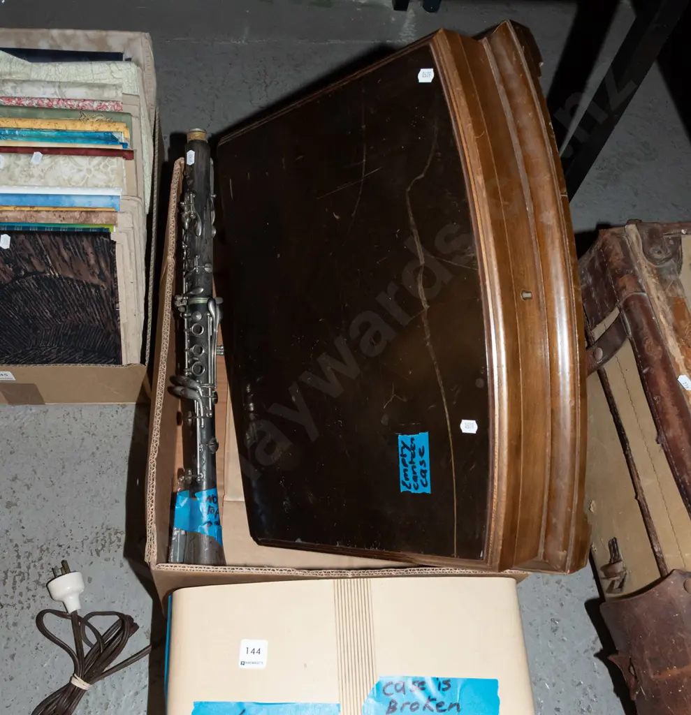 box; part clarinet, cutlery canteen, valve radio with damage to case Image 1++