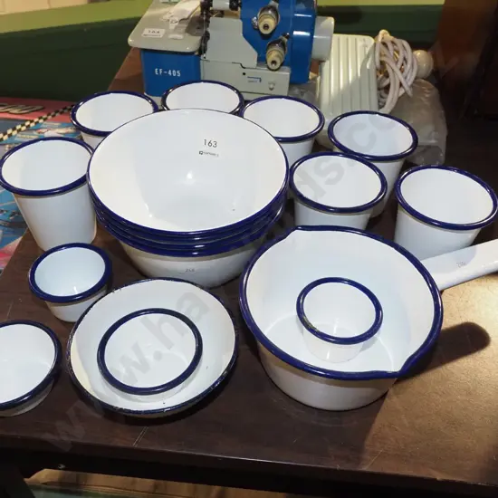 enamel pouring pots, bowls, cups