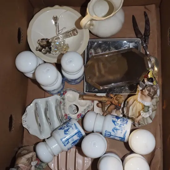 box; self sealing jars, figurines, mirror etc