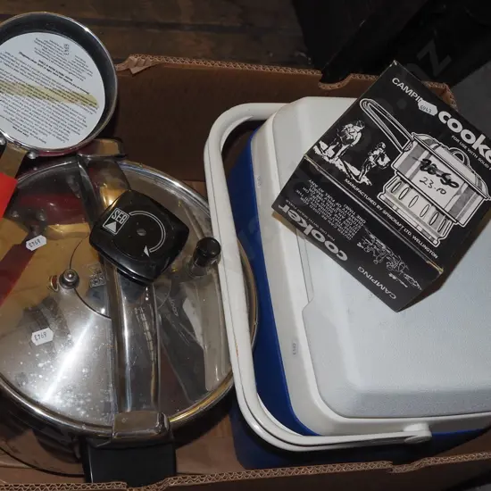 box; pressure cooker, chilly bin, camp stove etc