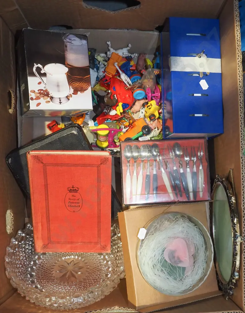 box; cased cutlery, cash box, books, plastic toy vehicles, cut glass bowl, etc. Image 1++