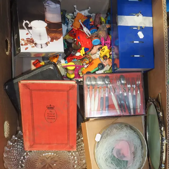 box; cased cutlery, cash box, books, plastic toy vehicles, cut glass bowl, etc.
