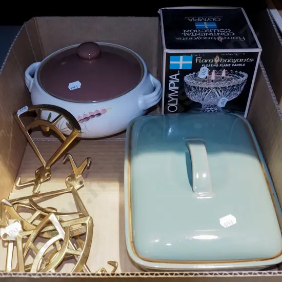 box; coat hooks, Denby lidded baking dish, casserole etc