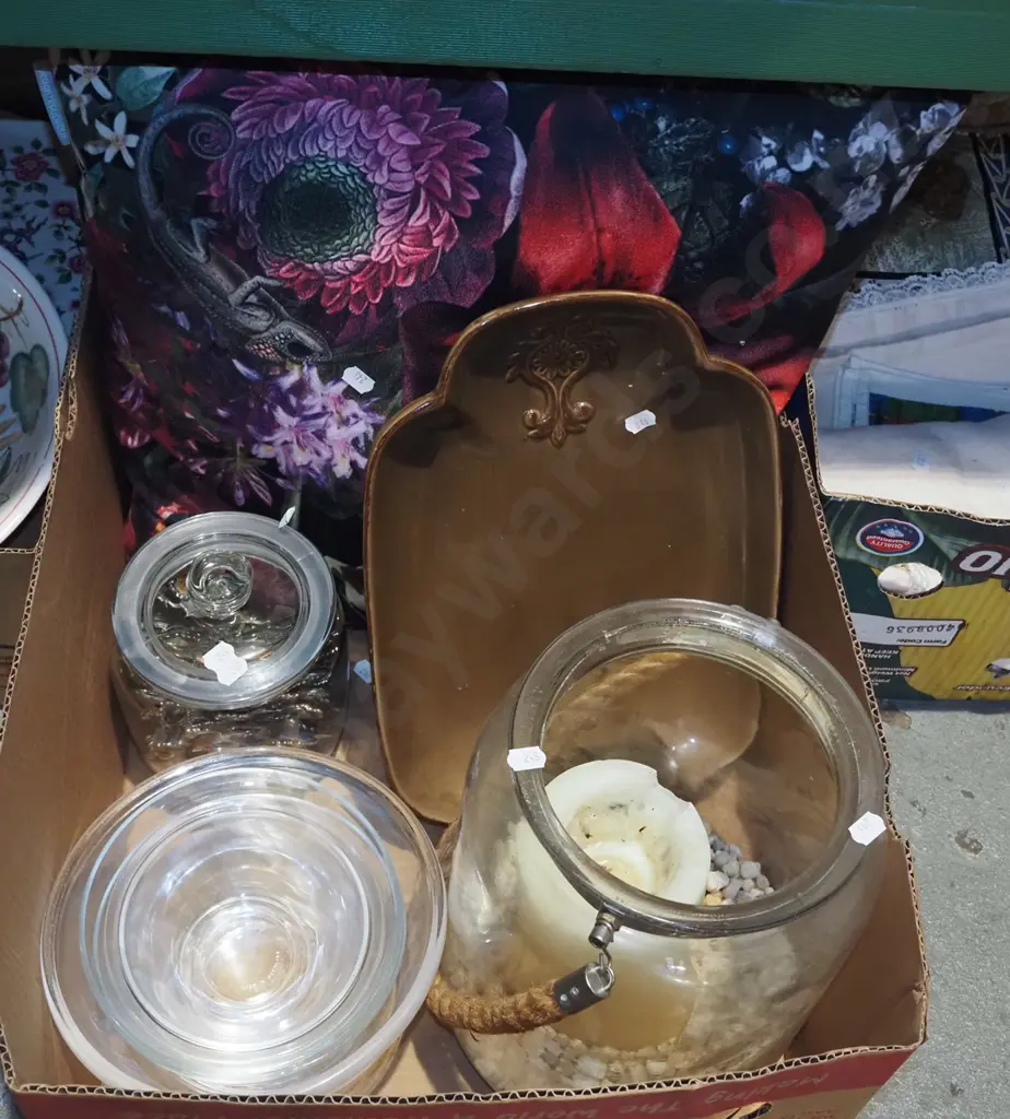 box; large glass candle lantern, teaspoons, cushion etc Image 1++