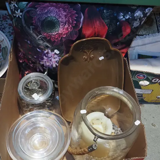 box; large glass candle lantern, teaspoons, cushion etc