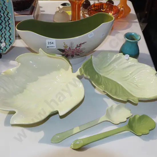 Carlton leaf dish, Crown Devon bowl, small pottery vase