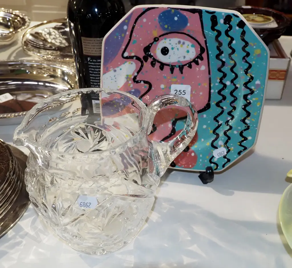 cut crystal jug, studio pottery plate Image 1++