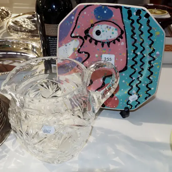 cut crystal jug, studio pottery plate