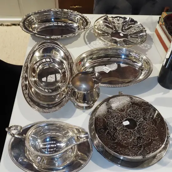 assorted plated ware; jugs, coasters, bowls etc