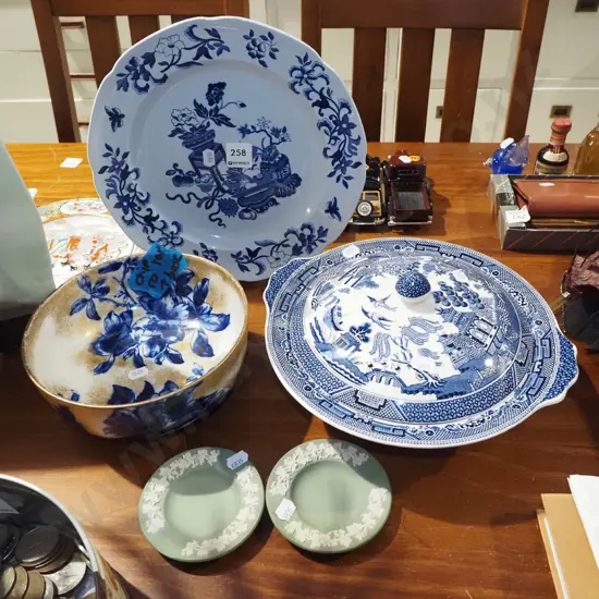 willow pattern vege, blue and white plates, doulton bowl - has chip to top and base, 2x ashtrays - repairs