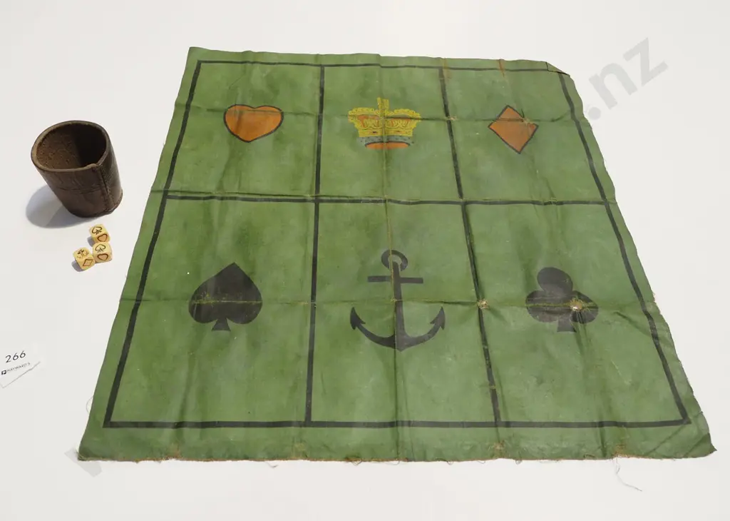 vintage dice game with leather cup, 3 dice, linen playing mat - wear to fabric Image 1++