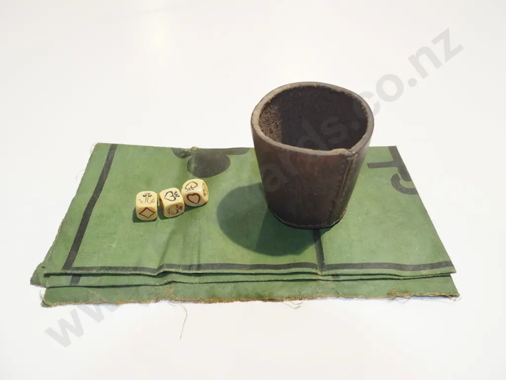 vintage dice game with leather cup, 3 dice, linen playing mat - wear to fabric Image 1++