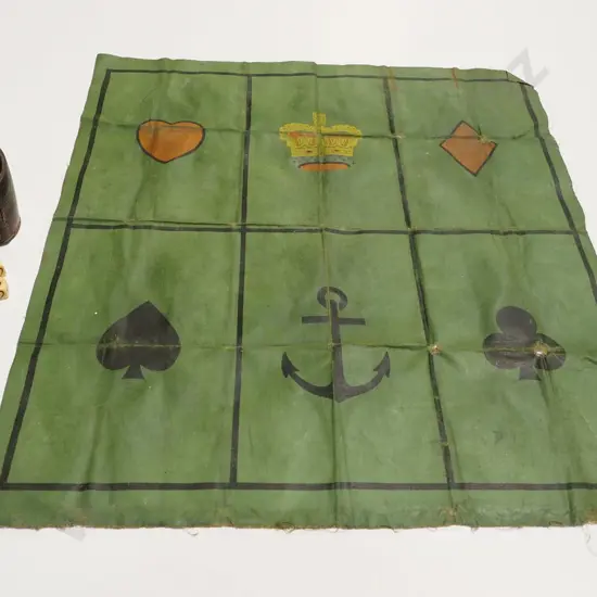 vintage dice game with leather cup, 3 dice, linen playing mat - wear to fabric