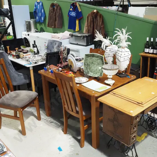 small solid pine table with 4 matching upholstered slat back chairs - some scratches H770 W120 D800