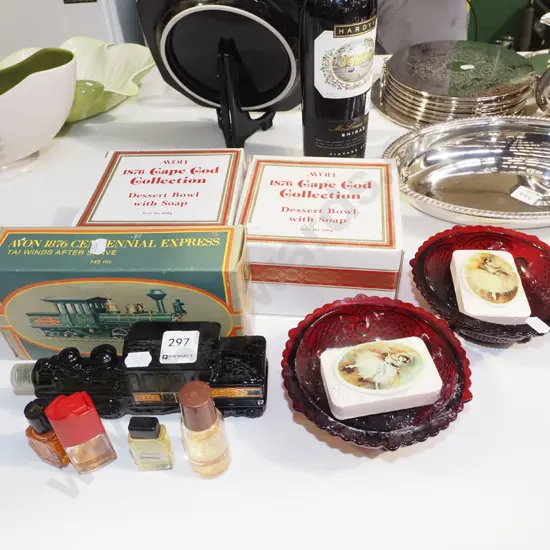 steam train aftershave, ruby glass bowls, part perfumes