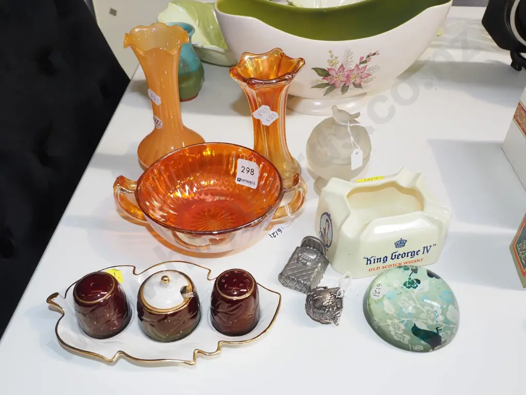 carnival glass bowl, candlesticks, Carlton condiment set etc Image 1++