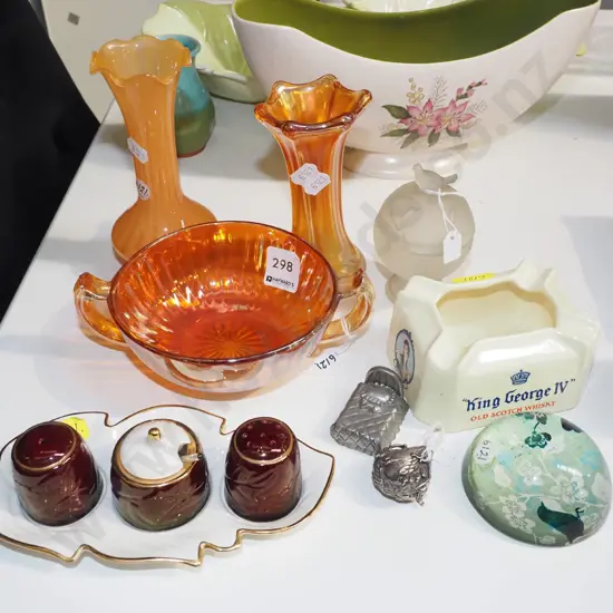 carnival glass bowl, candlesticks, Carlton condiment set etc