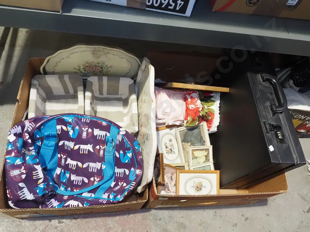2x boxes; briefcase, linen, small prints, tray, vinyl bag - green dots Image 1++