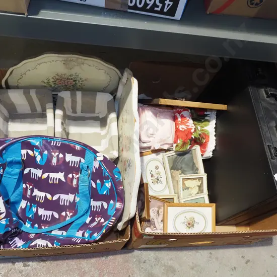 2x boxes; briefcase, linen, small prints, tray, vinyl bag - green dots
