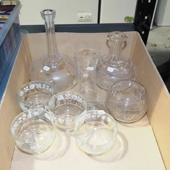 box; decanters - no stoppers, vase, glasses etc