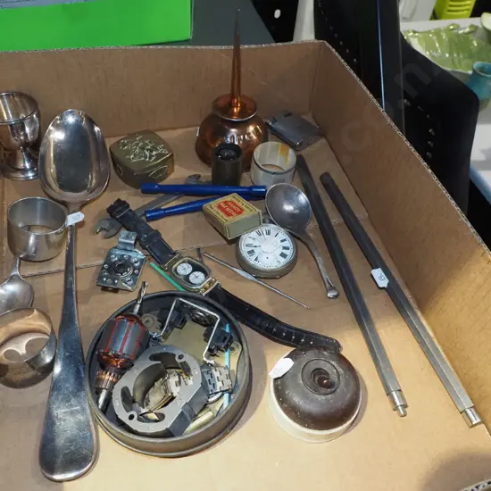 box; oiler, wristwatch, large spoon etc