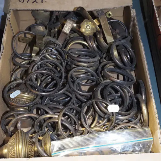 box; curtain rod rings, ends etc