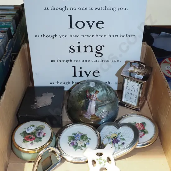 box; motto print on canvas, canisters, needleworks etc