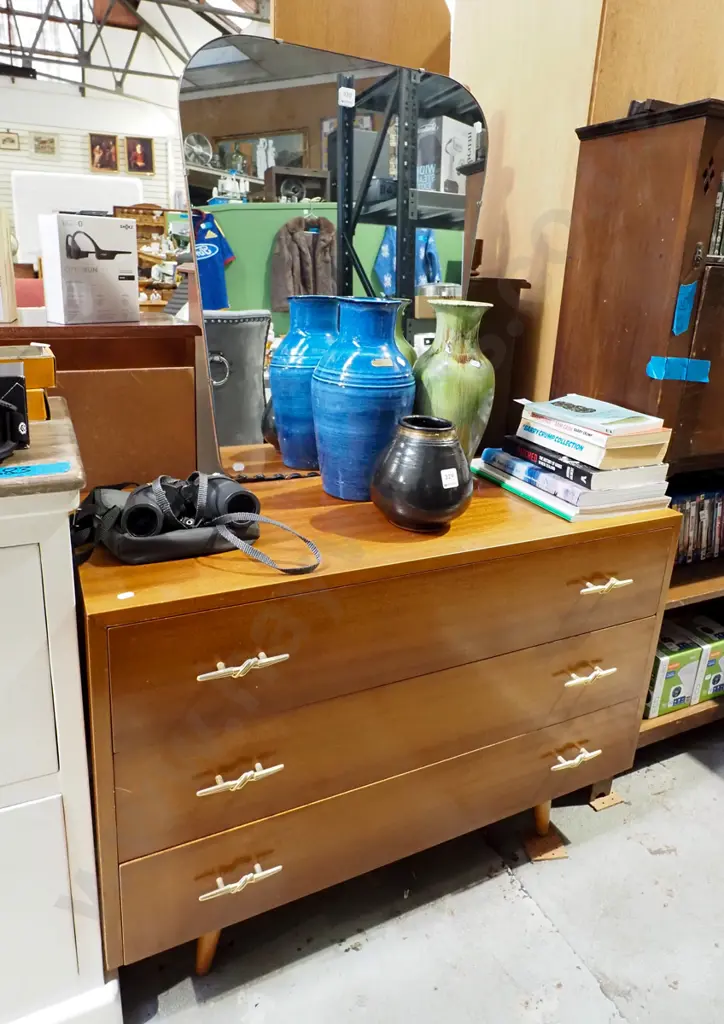 mid century 3 drawer mirror back dresser H1350 W920 D400 Image 1++